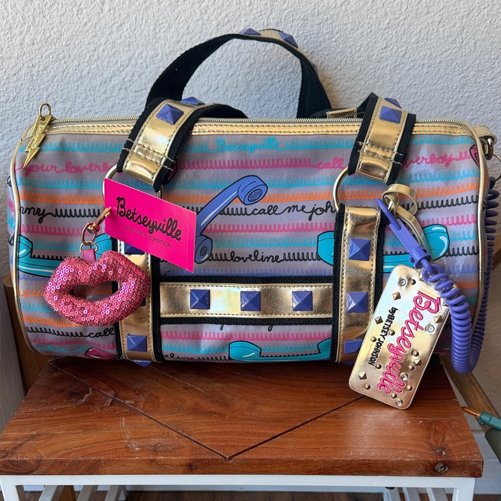Betsey Johnson Multi-Color Telephone Striped Barrel Bag with Gold Accents